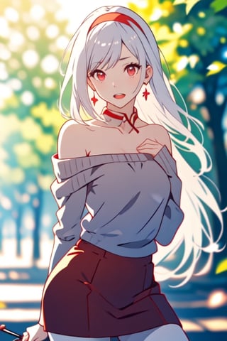 (masterpiece,  best quality), upper body,  light rays,  day,  looking at viewer,  1girl,  depth of field, YorForger, red eyes,  bangs,  (white hairband:1.3),  long hair,  earrings,  red dress,  red off-shoulder sweater,  sweater,  bare neck,  red skirt,  pencil skirt,  pantyhose,  bare shoulder,  long sleeves,  open mouth,  outdoors,  park,  trees, sweater dress, , , ,YorForger,1 girl,perfect light,MeikoDef,<lora:659111690174031528:1.0>