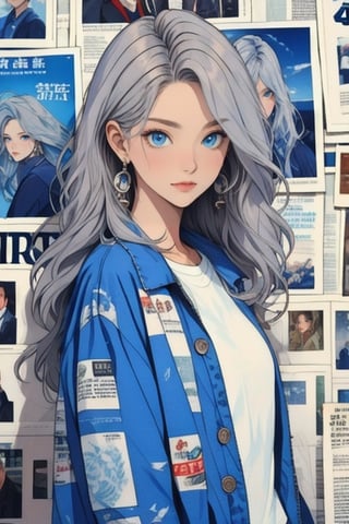 newspaper wall, looking at viewer, blue eyes, white shirt, solo, shirt, earrings, upper body, grey hair, jewelry, 1girl, print shirt, blue jacket, long hair 