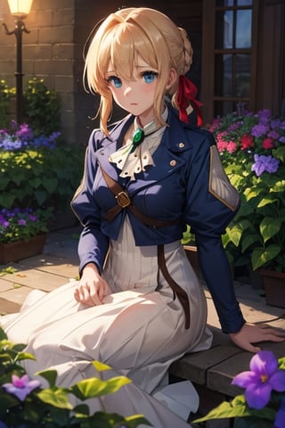 masterpiece, {{{best quality}}}, (illustration)), {{{extremely detailed CG unity 8k , 1girl, Brilliant light, cinematic lighting, long_focus}}}, illustration, Sinopia colour , Leonardo Style, , fate_stay_night , caturadef, anime, violet evergarden, blonde hair, blue eyes, hair ribbon, ribbon, blue jacket, garden, daytime
