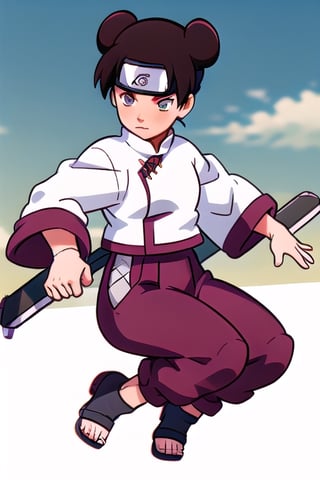 cute, tenten, masterpiece, best quality, tenten\(shippuden\),  white shirt, hakama pants, forehead protector,  konohagakure symbol, weapons,tenten\(shippuden\)