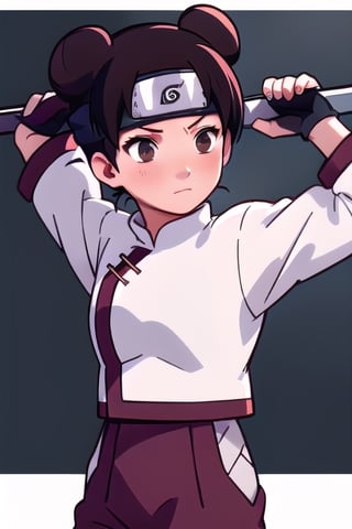 cute, masterpiece, best quality, tenten\(shippuden\),  white shirt, hakama pants, forehead protector,  konohagakure symbol, weapons