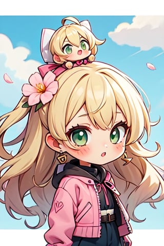 godoacrime, 1girl, among us, chibi, wavy long hair, blonde hair, beautiful eyes, green eyes, white European-style adventurer clothing, pink ribbon bow on the head, blossom earrings, pink jacket,cls_chibi