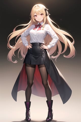 1girl, solo, long hair, breasts, looking at viewer, smile, bangs, skirt, blonde hair, shirt, red eyes, long sleeves, ribbon, jewelry, very long hair, closed mouth, standing, full body, white shirt, pantyhose, boots, hand on hip, parted bangs, border, black background, brooch, white pantyhose, brown skirt, purple footwear