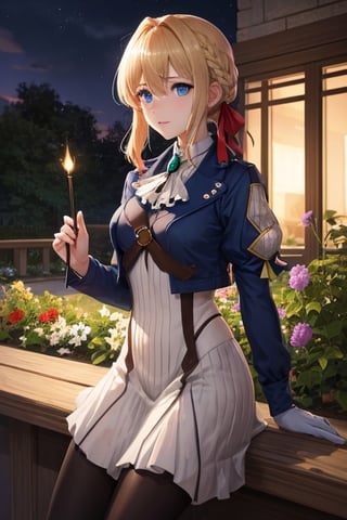 masterpiece, {{{best quality}}}, (illustration)), {{{extremely detailed CG unity 8k , 1girl, Brilliant light, cinematic lighting, long_focus}}}, illustration, Sinopia colour , Leonardo Style, , fate_stay_night , caturadef, anime, violet evergarden, blonde hair, blue eyes, hair ribbon, ribbon, blue jacket, garden, daytime
