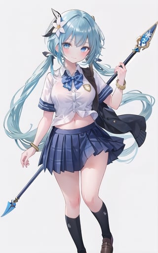 1girl, solo, weapon, skirt, shiny, polearm, holding, full body, simple background, long hair, navel, shoes, holding weapon, shiny hair, bangs, looking at viewer, smile, short sleeves, loafers, bow, pleated skirt, blue hair, socks, shiny skin, bowtie, breasts, naginata, medium breasts, bracelet, jewelry, closed mouth, white background, page number, kneehighs, buttons, school uniform, shirt, brown footwear, spear, black socks, stomach, blue skirt, white shirt, blush, low twintails, hair ornament, shiny clothes, braid, twintails, holding polearm, floral background, plaid, fingernails, hand up