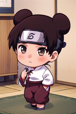 cute, chibi, masterpiece, best quality, tenten\(shippuden\),  white shirt, hakama pants, forehead protector,  konohagakure symbol