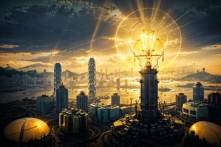 (((Hong Kong city within a big light bulb))), Hong Kong city, light bulb, concept art, ((orange colour theme)), Volumetric lighting, crepuscular ray, sunset, golden light