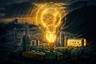 (((Hong Kong city within a big light bulb))), Hong Kong city, light bulb, concept art, ((orange colour theme)), Volumetric lighting, crepuscular ray, sunset, golden light, warm light, orange colour