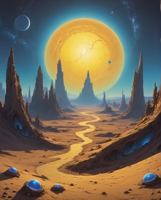 In this master class, a special style of Mobius can be traced. A majestic alien planet sprawled in front of us, bathed in the warm glow of a blue giant star and surrounded by a yellow dwarf.  The surrounding savannah landscape appears in eerie surrealism, highlighted by inverted neon shades, iridescent spots throughout the composition.