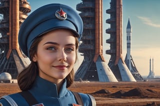 masterpiece, full-length, Soviet girl space cadet, beautiful blue-black tight uniform, cap on her head, dreamy smile, huge brown eyes, brunette, looking into the distance not at the viewer, in the background a fantastic Sci-fi landscape of the cosmodrome of the future, HDR, ultrarealism, super quality, 8k, depth of light and shadow,