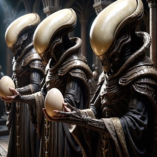 xenomorph, Xenomorph priests, procession of xenomorph priests, long robes, xenomorph hands, ovomorph eggs in hands, gloomy cosmic Middle Ages, HDR, unreal engine 5, detail, depth of color and shadows, volumetric light, cinematography,watercolour