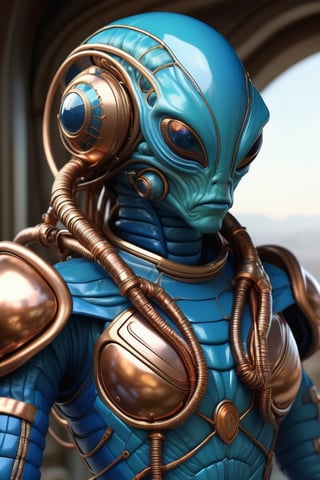 The best quality, masterpiece: 1,1), A fantastic view of an insectoid alien, a blue-colored spacesuit, entangled with thin hoses and copper tubes, hyperrealistic, insanely detailed, this masterpiece of digital art can be compared with the wonderful works of Artgerm, Greg Rutkowski and Alphonse Mucha.