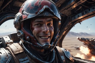 RAW photo, a galactic war space pilot desperately trying to control his damaged spaceship, broken dashboard monitors, blood on his face, tense emotions, grin, anger, the horizon of the frame is littered, cracked helmet, photorealistic, skin defects, complex textures, sharp shadows, cinematic shot, spectacular lighting, ray tracing, soft lighting, 8k UHD, SLR camera, high quality, film grain, clear focus, Fujifilm XT3