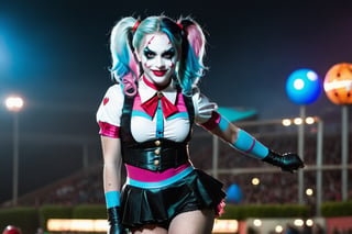 (Raw Photo:1.3) of (Ultra detailed:1.3) Harley Quinn from DC comics, dark pink and sky-blue hair, clowncore, dc comics, layered mesh, stripes and shapes, Wearing a white and black schoolgirl uniform, Carnival Background at night, collar with large Joker charm, holding a bowling pin, running/sprinting toward the camera, bare midriff