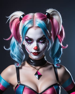 (Raw Photo:1.3) of (Ultra detailed:1.3) Harley Quinn from DC comics, dark pink and sky-blue hair, clowncore, dc comics, layered mesh, stripes and shapes, carnivalcore