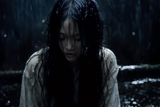 Onryo from the movie The Ring, wet messy hair, high quality, haunted house background, spooky, ghostly appearance, face down, hair falling in front of face, very pale skin