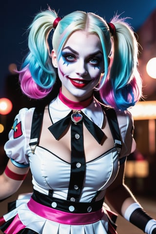 (Raw Photo:1.3) of (Ultra detailed:1.3) Harley Quinn from DC comics, dark pink and sky-blue hair, clowncore, dc comics, layered mesh, stripes and shapes, Wearing a white and black schoolgirl uniform, Carnival Background at night, collar with large Joker charm, holding a bowling pin, running toward the camera,old style