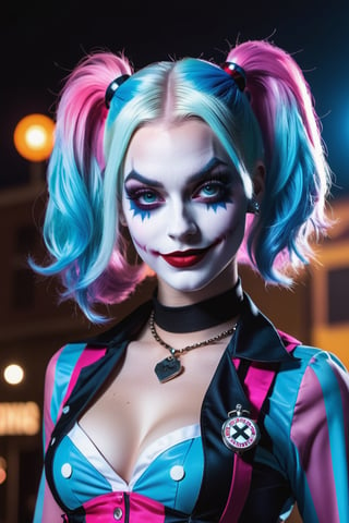 (Raw Photo:1.3) of (Ultra detailed:1.3) Harley Quinn from DC comics, dark pink and sky-blue hair, clowncore, dc comics, layered mesh, stripes and shapes, Wearing a schoolgirl uniform, Carnival Background at night, collar with large Joker charm, holding a bowling pin