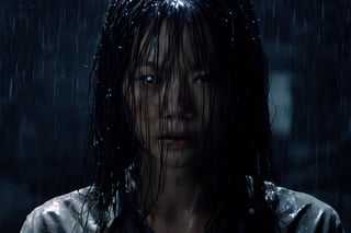 Onryo from the movie The Ring, wet messy hair, high quality, haunted house background, spooky, ghostly appearance, face down, hair falling in front of face