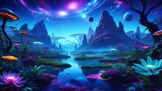 (best quality,8K,highres,masterpiece), ultra-detailed, (cosmic adventure), where an intrepid astronaut explores an alien world bathed in surreal, bioluminescent flora. The interplay of cosmic light and exotic plants creates a mesmerizing and otherworldly landscape.