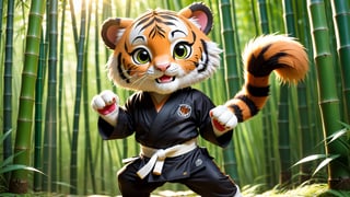 (best quality,4k,8k,highres,masterpiece:1.2),ultra-detailed,realistic:1.37,3d,cartoon,tiger cub dressed in black karate kimono,Character Design,Adorable Characters,Mascot Characters,playful,energetic,expressive,curious,round eyes,sportive,tiger stripes,paws,fluffy fur,sharp claws,karate pose,karate belt,black kimono,white belt,action-packed,bold colors,contrasting colors,playful expression,fierce,funny,tail swishing,forest background,greenery,vibrant setting,sunlight filtering through trees,bamboo leaves,friendly demeanor,warm lighting,attention to detail,adorable face,tiny ears,snout,nose,clenched fists,eager to learn,positive energy