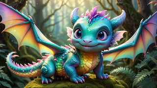 colorful,cute,baby dragon,fantasy,illustration,texture:1.2,detailed scales,magical atmosphere,vibrant colors,whimsical lighting,soft pastel tones,sparkling eyes,playful expression,flying in the sky,tiny wings,small and chubby body,endearing features,transparent wings,enchanted forest background