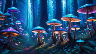 (best quality,8K,highres,masterpiece), Iridescent mushroom forest, threatening, aliens, extremely detailed,