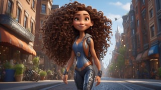 full body, expressive caricature in Pixar style, unreal, mischievous, beautiful girl with long curly brunette  hair, city street, dynamic pose, cartoon art, trending style on artstation, sharp focus, studio photography, intricate details, very detailed, by Greg Rutkowski, sharp focus, depth of field, unreal engine, perfect composition, art station, 8k, hdr, 

cyborg style, Movie Still