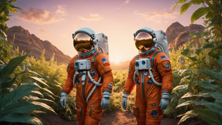(best quality,8K,highres,masterpiece:1.2)An astronaut in an orange astronaut outfit, standing against a sunset background. The astronaut is positioned front facing and is shown from the waist up. The sunset provides a warm and vibrant color palette. The scene is surrounded by lush plants, adding a touch of nature to the composition. The image quality is top-notch and high-resolution, with ultra-detailed features. The style of the artwork is realistic, with vivid colors and professional craftsmanship. The lighting accentuates the astronaut's figure, creating a captivating atmosphere