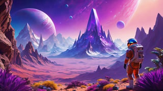 (best quality,8K,highres,masterpiece:1.2), a mesmerizing low poly art depiction capturing a close midshot of an astronaut exploring an ultra-detailed illustration of a treacherous exotic planet. The astronaut's outfit, now adorned in vibrant shades of deep purple and electric blue, stands out against the rugged terrain filled with dangerous plants and wild animals. Inspired by the curiosity of astronomers, this artwork portrays a vast open world waiting to be discovered and explored. The highest quality rendering brings every intricate detail of the environment to life, inviting viewers to immerse themselves in the breathtaking beauty and perilous wonders of this alien landscape.