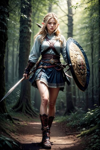 4k, masterpiece, realistic, an athletic  warrior in full body holding (shield) and (spear)  , spear, bow,  short skirt and short t-shirt,  background forest,  best quality,amazing quality,,ultra-detailed,intricate detailed face and eyes,intricate line,delicate drawing,1girl, solo, skirt, blondie hair, hair ornament, , full body, body athletic, ,  focus,  wide sleeves, sheath,  (visual poetry), (cultural expression), (russian characters:1.3),
female warrior,leonardo,VikingAlpha,style,Viking Elf,Axe,BowHolding