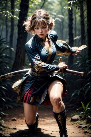 4k, masterpiece, realistic, an athletic  warrior in full body  ready to fight in sword pose  (battoujutsu) , face showing angry looking at camara,  short skirt and short t-shirt,  background forest,  best quality,amazing quality,,ultra-detailed,intricate detailed face and eyes,intricate line,delicate drawing,1girl, solo, skirt, blondie hair, hair ornament, , full body, body athletic, ,  focus,  wide sleeves, sheath,  (visual poetry), (cultural expression), (russian characters:1.3),
female warrior,leonardo,battoujutsu