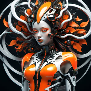 ma black and white, futuristic woman in an orange dress, in the style of highly stylized figures, cybergoth, naoto hattori, 8k 3d, botticelli-esque figures, shiny/glossy, luminescent color scheme,Ultra-detailed 3D digital art, high resolution, photorealistic rendering, sharp focus, high-quality background, ultra-detailed landscape, ultra-sharp focus, consistent style, unique and well-developed concept, Unreal Engine, intricate details, beautiful color grading, bright lights , symmetry.
