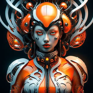 ma black and white, futuristic woman in an orange dress, in the style of highly stylized figures, cybergoth, naoto hattori, 8k 3d, botticelli-esque figures, shiny/glossy, luminescent color scheme,Ultra-detailed 3D digital art, high resolution, photorealistic rendering, sharp focus, high-quality background, ultra-detailed landscape, ultra-sharp focus, consistent style, unique and well-developed concept, Unreal Engine, intricate details, beautiful color grading, bright lights , symmetry.
