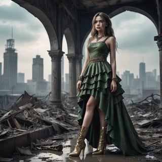 A cinematic photo of a stunning model dressed in green with open shoes, luxury dress, in the style of multi-layered textures, ornamental details, gothic core, highly detailed, photorealism, attractive and gorgeous beauty, while standing dominantly and confidently in a desolate place. , dark post-apocalyptic cityscape, capturing the stark juxtaposition of beauty and decay, with the model's perfect skin shining like a beacon of hope amidst the devastated cityscape. Photographed with a focused depth of field to blur the gloomy surroundings, emphasizing her striking, rebellious pose. full body, golden hour.

