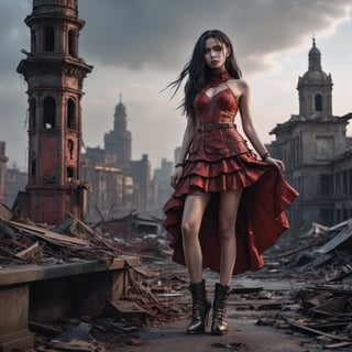 A cinematic photo of a stunning model in red with open shoes, luxury dress, in the style of multi-layered textures, ornate details, gothic core, highly detailed, photorealism, attractive, gorgeous beauty, as she stands dominantly and confidently in a desolate, dark post-apocalyptic cityscape, capturing the stark juxtaposition of beauty and decay, with the model's flawless skin glowing like a beacon of hope amidst the ravaged urban landscape. photographed with a focused depth of field to blur the bleak surroundings, emphasizing her striking, rebellious pose. full body, golden hour.

