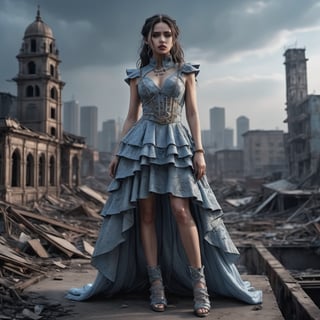 A cinematic photo of a stunning model dressed in light blue with open shoes, luxury dress, in the style of multi-layered textures, ornamental details, gothic core, highly detailed, photorealism, attractive and gorgeous beauty, while standing dominantly and confidently in a desolate place. , dark post-apocalyptic cityscape, capturing the stark juxtaposition of beauty and decay, with the model's perfect skin shining like a beacon of hope amidst the devastated cityscape. Photographed with a focused depth of field to blur the gloomy surroundings, emphasizing her striking, rebellious pose. full body, golden hour.