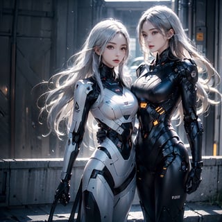 photorealistic, high resolution, two women, long white hair, robot, roblit, robot woman, robot body, mechanical body, metal body, cyborg, (black gold, cropped equipment: 1.2)