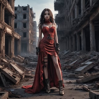 A cinematic photo of a stunning model in red with open shoes, luxury dress, in the style of multi-layered textures, ornate details, gothic core, highly detailed, photorealism, attractive, gorgeous beauty, as she stands dominantly and confidently in a desolate, dark post-apocalyptic cityscape, capturing the stark juxtaposition of beauty and decay, with the model's flawless skin glowing like a beacon of hope amidst the ravaged urban landscape. photographed with a focused depth of field to blur the bleak surroundings, emphasizing her striking, rebellious pose. full body, golden hour.

