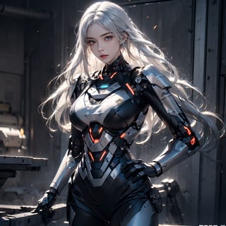 photorealistic, high resolution, two women, long white hair, robot, roblit, robot woman, robot body, mechanical body, metal body, cyborg, (black gold, cropped equipment: 1.2)