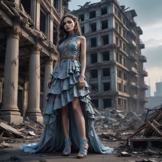 A cinematic photo of a stunning model dressed in light blue with open shoes, luxury dress, in the style of multi-layered textures, ornamental details, gothic core, highly detailed, photorealism, attractive and gorgeous beauty, while standing dominantly and confidently in a desolate place. , dark post-apocalyptic cityscape, capturing the stark juxtaposition of beauty and decay, with the model's perfect skin shining like a beacon of hope amidst the devastated cityscape. Photographed with a focused depth of field to blur the gloomy surroundings, emphasizing her striking, rebellious pose. full body, golden hour.