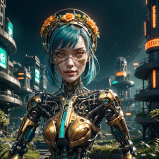 Cinematic results, colorful picture of a beautiful cyborg with short flowy blue hair,  she is wearing an intricate brocade dress gold jewelry,  she is surrounded by nature in a futuristic utopian city, work of beauty and complexity, dynamic pose, 8kUHD , ultradetailed face  ,DonMG414, surreal vibe, flowers, amber glow,