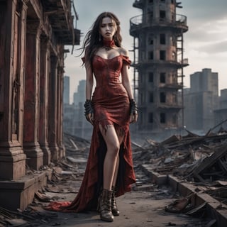 A cinematic photo of a stunning model in red with open shoes, luxury dress, in the style of multi-layered textures, ornate details, gothic core, highly detailed, photorealism, attractive, gorgeous beauty, as she stands dominantly and confidently in a desolate, dark post-apocalyptic cityscape, capturing the stark juxtaposition of beauty and decay, with the model's flawless skin glowing like a beacon of hope amidst the ravaged urban landscape. photographed with a focused depth of field to blur the bleak surroundings, emphasizing her striking, rebellious pose. full body, golden hour.

