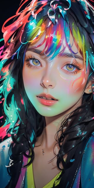 (hyper realistic),Colorful and Chaotic color effects ,((portrait of beautiful woman)),((very detailed face)), Black ink flow, color everywhere, 8k resolution photorealistic masterpiece, intricately detailed fluid gouache painting, calligraphy acrylic, watercolor art, professional photography, natural lighting, volumetric lighting maximalist photoillustration, by marton bobzert, 8k resolution,official art intricately detailed, complex, elegant, expansive, fantastical,