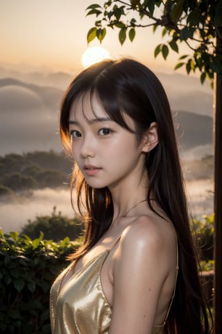 主：(((Fog forest with golden sunset))),
人：masterpiece, 8k, ((from front)), portrait, upper body, cute, detailed face, beautiful detailed eyes, girl, loli, happy, mad, red lips, bangs, very long hair, strong eyebrows, bare shoulders, (blush), (embarrassed),
(Deep V neckline),