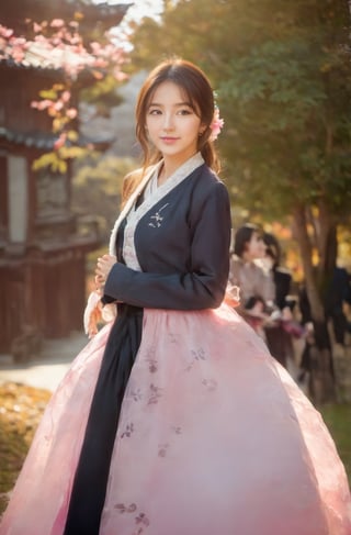 20-year-old woman, 16K wallpaper, 3 girls, looking at viewer, 16k uhd, dslr, (((big breasts, see-through, transparent pink hanbok skirt))), (((original photo background, Seoraksan autumn leaves background) )),b3rli,Jiae,Perfect Eyes