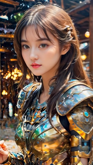 Masterpiece, highest quality, sharp focus, 8k, intricate and detailed environments, animation, watercolor painting, colorful and bright colors, whimsical and glowing lights, liquid supernatural, fairy lights, flowing liquid Beautiful girl wearing glowing ancient Goguryeo armor, perfect face, golden Proportions, sparkling eyes, watercolor, liquid light,LinkGirl