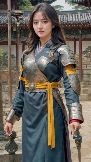 (Full body::1.5),Masterpiece, Top quality, Sharp focus, 8k, Complex and detailed environments, Watercolor paintings, Colorful and bright colors, Glowing natural lighting, Supernatural, The background is the Korean palace Changdeokgung, Full body, The battle armor of Jumong of ancient Goguryeo Beautiful mouth, holding a sword in her right hand, holding a three-legged crow flag in her right hand, perfect face, golden ratio, sparkling eyes,