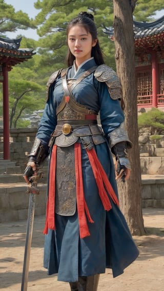 (Full body::1.5),Masterpiece, Top quality, Sharp focus, 8k, Complex and detailed environment, Watercolor paintings, Colorful and bright colors, Glowing natural lighting, Supernatural, The background is the Korean palace Changdeokgung, Full body, Ancient Goguryeo, Drama Jumong, Goguryeo A beautiful female figure wearing Jumong's battle armor, holding a sword in her right hand and a three-legged crow flag in her upper hand, perfect face, golden ratio, sparkling eyes,
