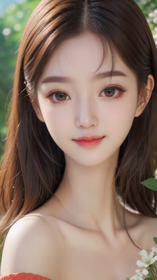 (Highest Quality, Masterpiece:1.5, Ultra High Resolution, 8k, Realistic:1.4), 1girl, Korean, cute smile, off-shoulder, cinematic lighting, beautiful detailed eyes, beautifully detailed lips, long eyelashes, soft skin, flowing hair. , Gorgeous garden background, vibrant colors, sunny atmosphere,Asian